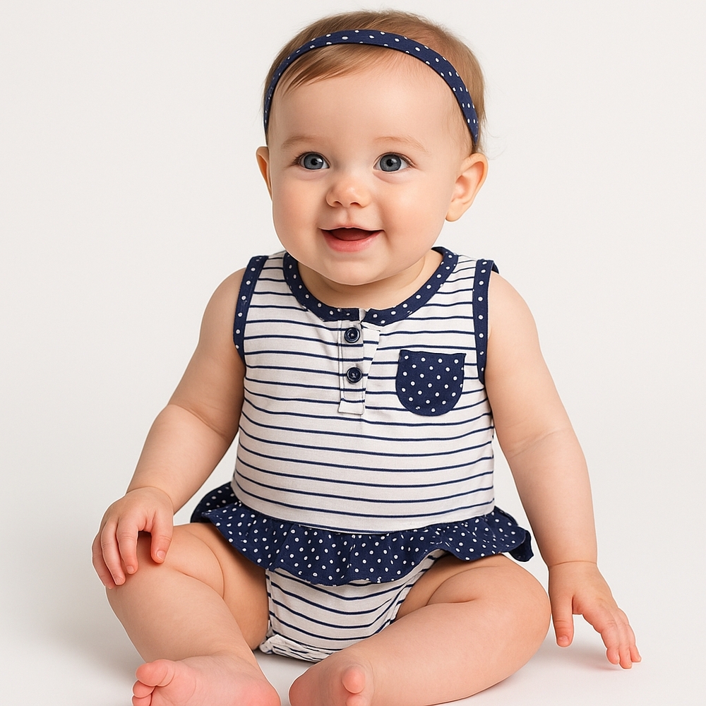 Bn) Carter’s Baby Girl 12M Striped & Polka Dot Ruffle Romper – Summer Outfit